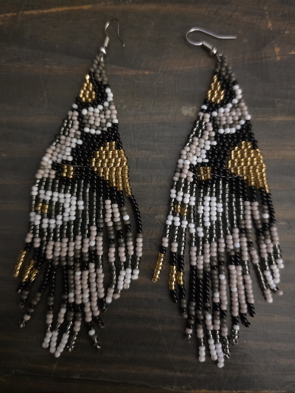 Beaded Fringe Earrings - Black, Gold & Cream New ❤️